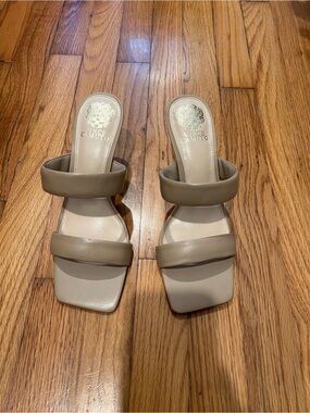 Vince Camuto Taupe Double-Strap Slide Mules